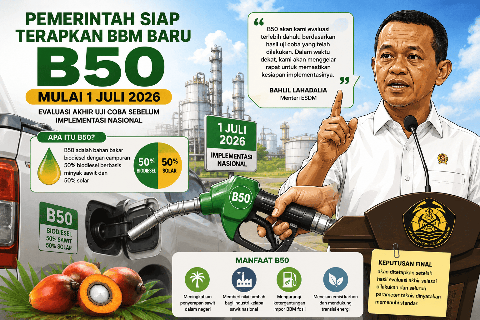 Pemerintah Terapkan BBM B50 Mulai 1 Juli 2026, Tunggu Hasil Evaluasi Akhir