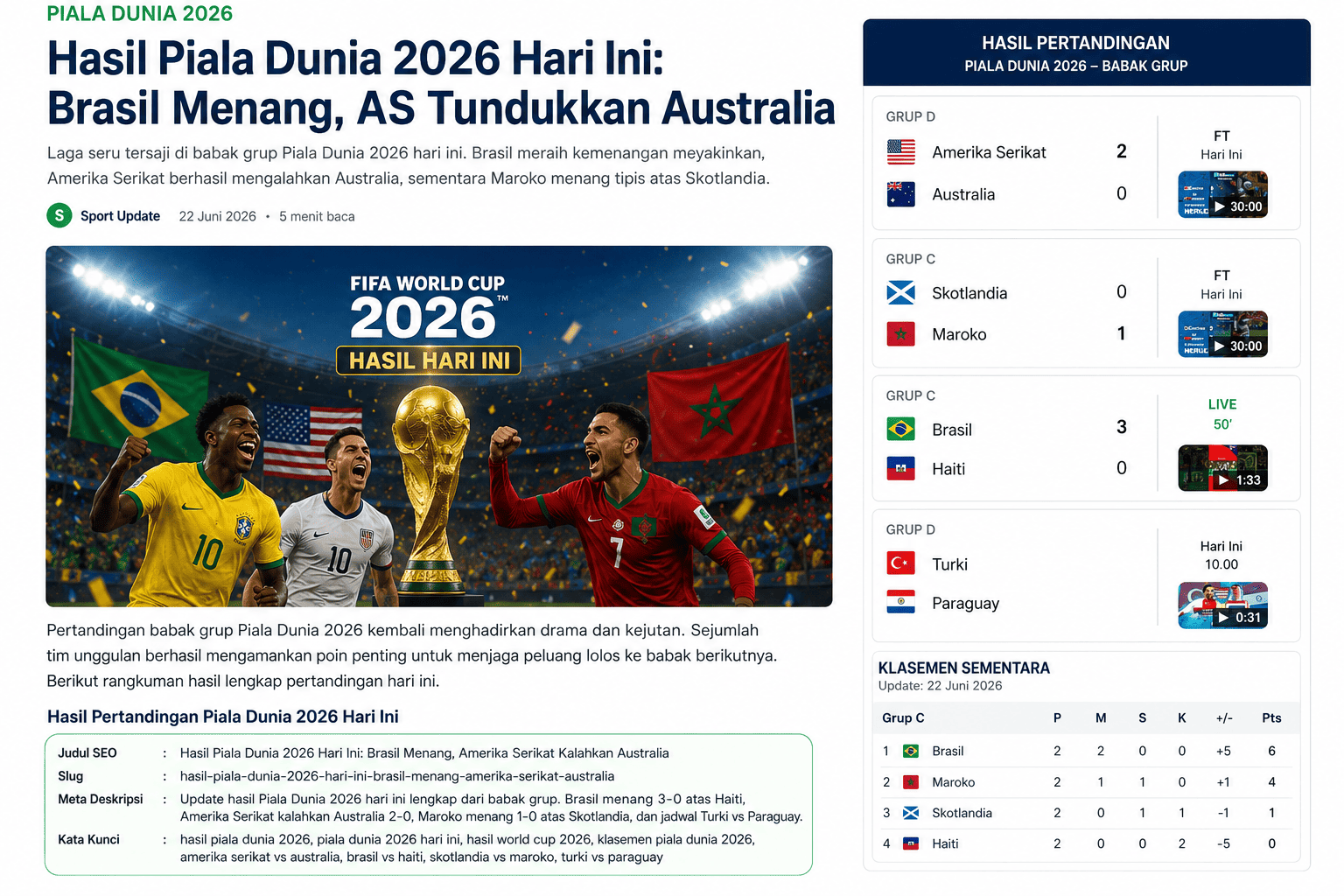 Hasil Piala Dunia 2026 Hari Ini: Brasil Hancurkan Haiti, Amerika Serikat Kalahkan Australia, Maroko Menang atas Skotlandia
