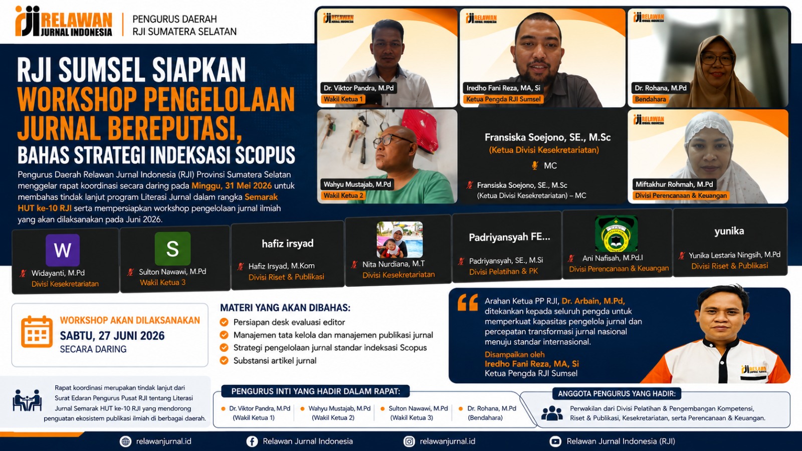 RJI Sumsel Siapkan Workshop Pengelolaan Jurnal Ilmiah dalam Semarak HUT ke-10 RJI