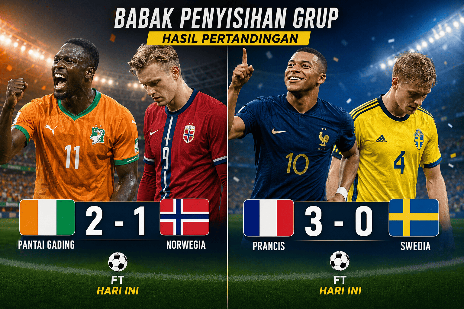 Hasil Babak Penyisihan Grup: Prancis Hajar Swedia 3-0, Pantai Gading Taklukkan Norwegia 2-1