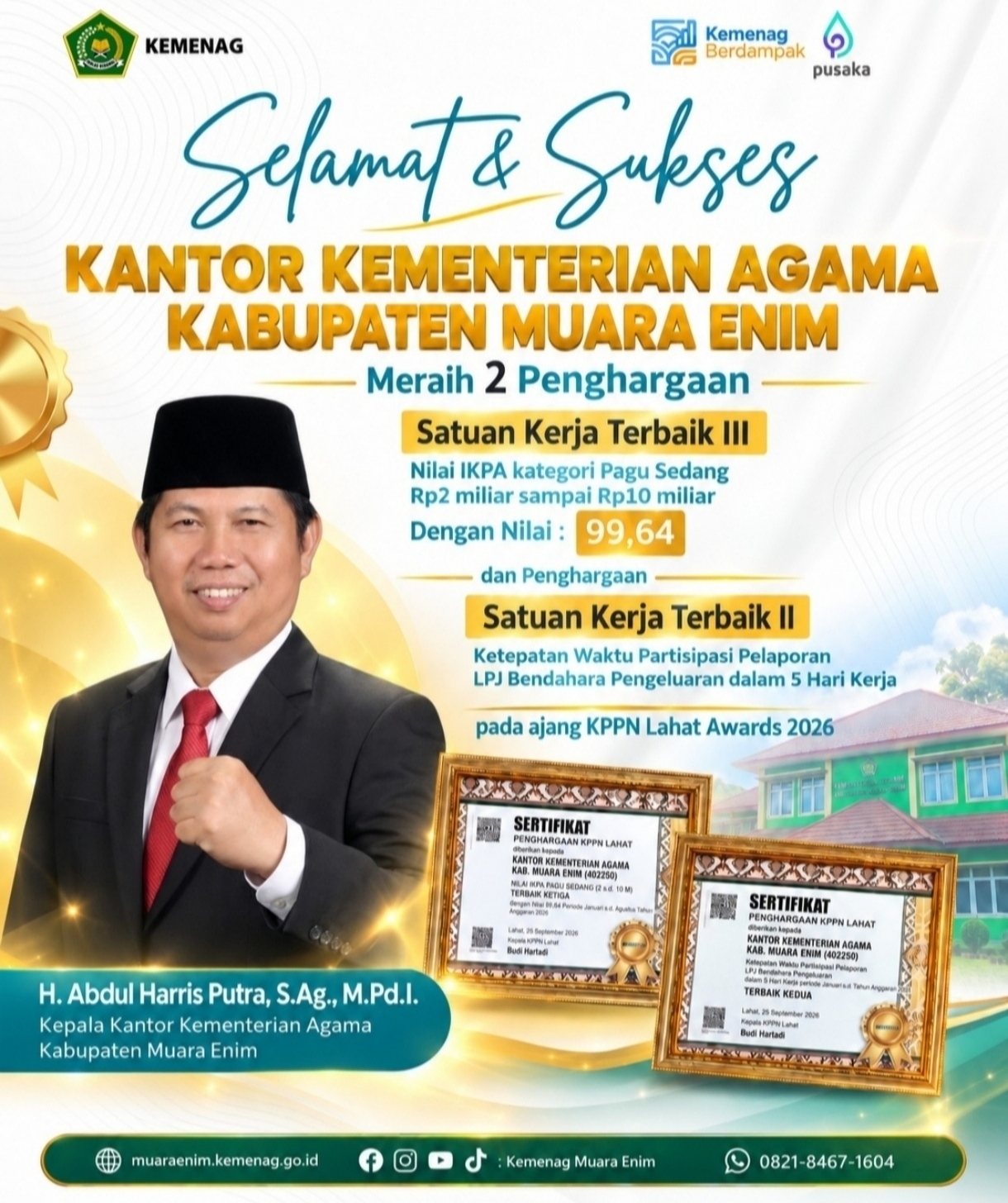Raih Dua Penghargaan KPPN Lahat, Abdul Harris Putra Apresiasi Kerja Keras Tim Kemenag Muara Enim